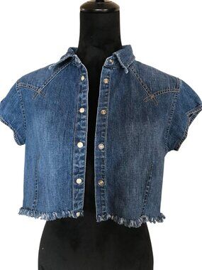 Upcycled Cropped Denim Shirt, Snap Front Western Core Hippie Boho Top Size M-L